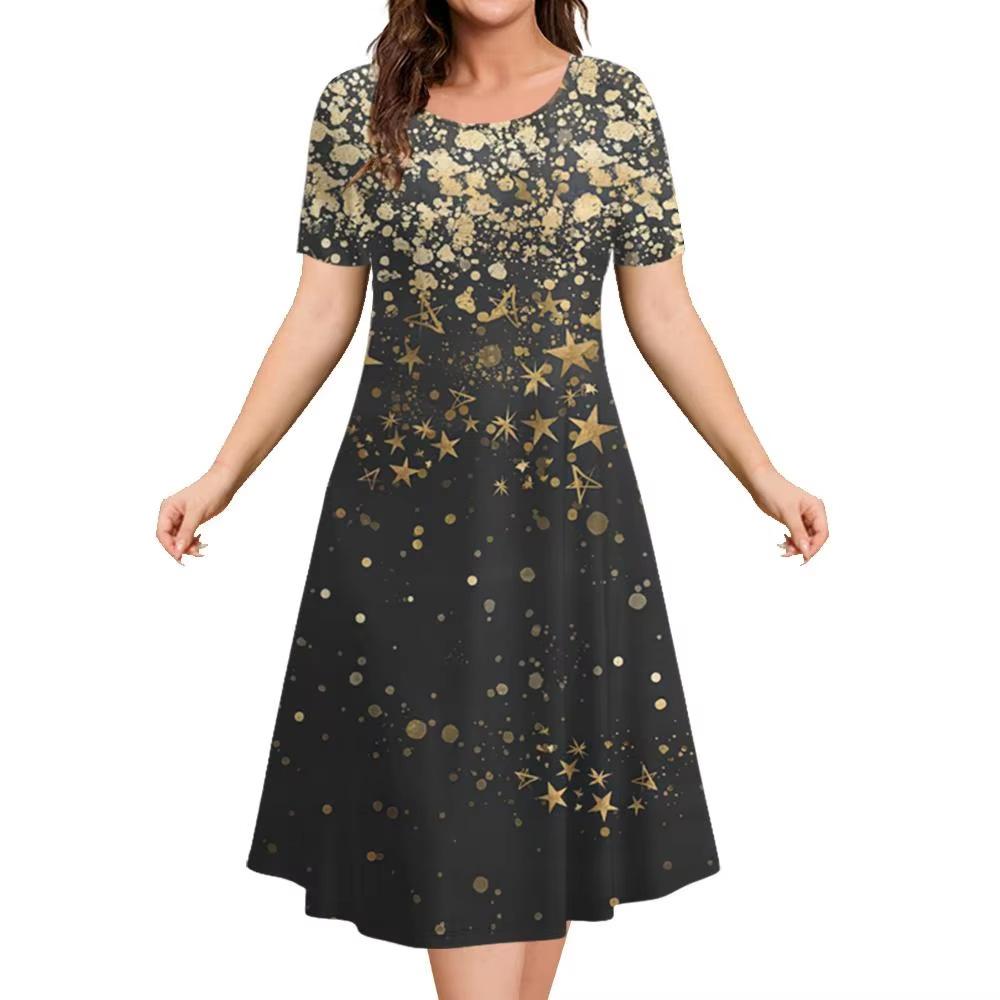 Elegant Women Short Sleeve Fashion 3d Print Midi Dress Plus Size Beach Clothing