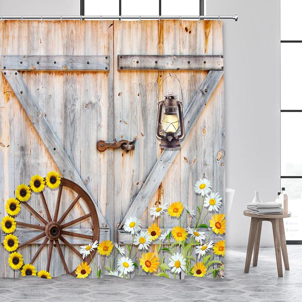 Farmhouse Shower Curtain, Bath Curtain Rustic Barn Door Wooden Western Country Sunflower Floral Fabric Bath Curtain with Hooks
