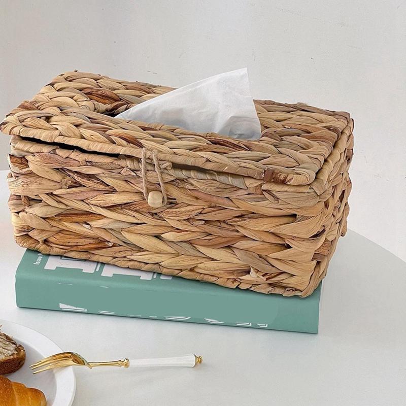 Ins Water Hyacinth Woven Tissue Box Rattan Woven Lid Sanitary Paper Box Household Living Room Pumping Paper Box Storage