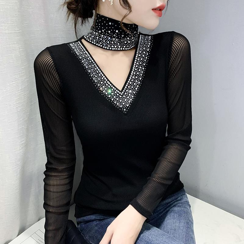 

2024 Европейская осенне-зимняя рубашка с вырезами, стразами, высоким воротом, облегающая, с длинным рукавом Triple Extra Large чёрный