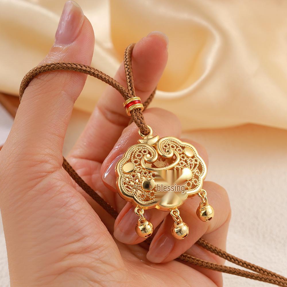 Golden Eight Treasures Compass Necklace with Ruyi Woven Cord and Longevity Lock Pendant