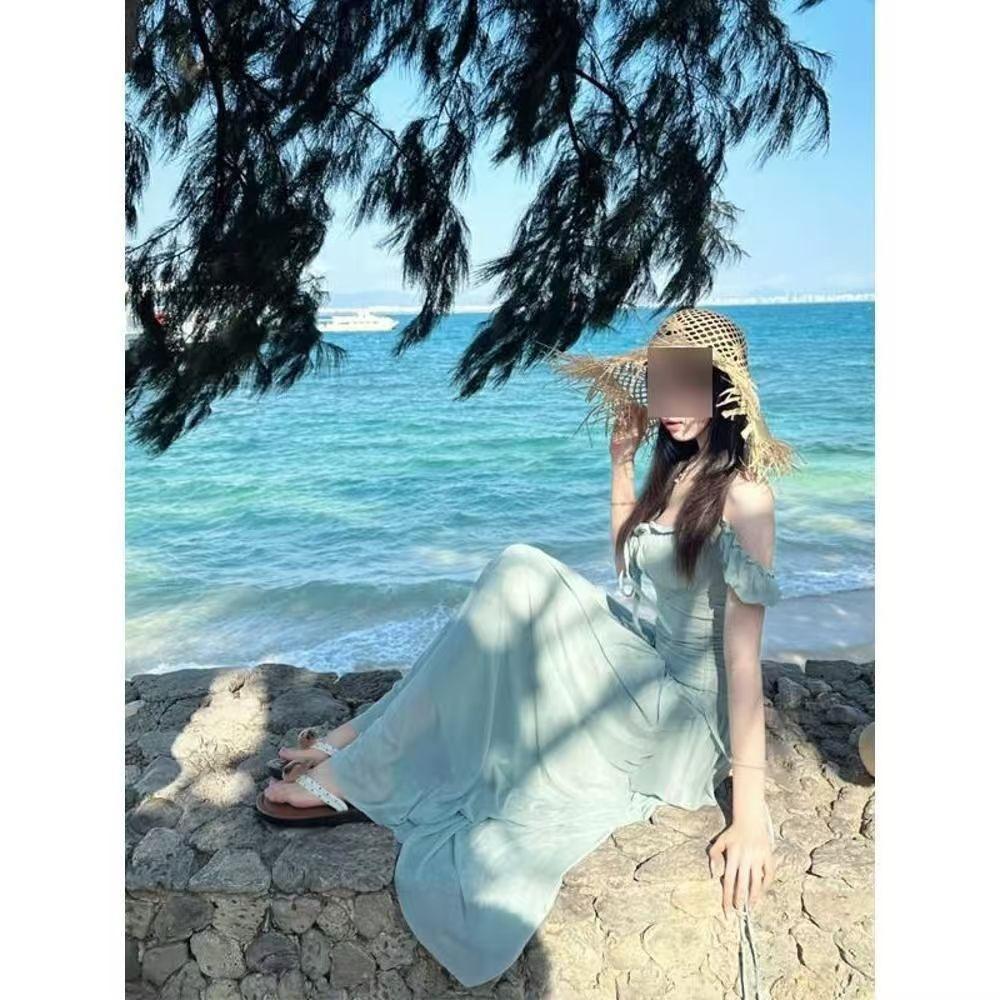 French super fairy square collar one-word shoulder dress women's summer new waist and thin seaside vacation wind beach dress