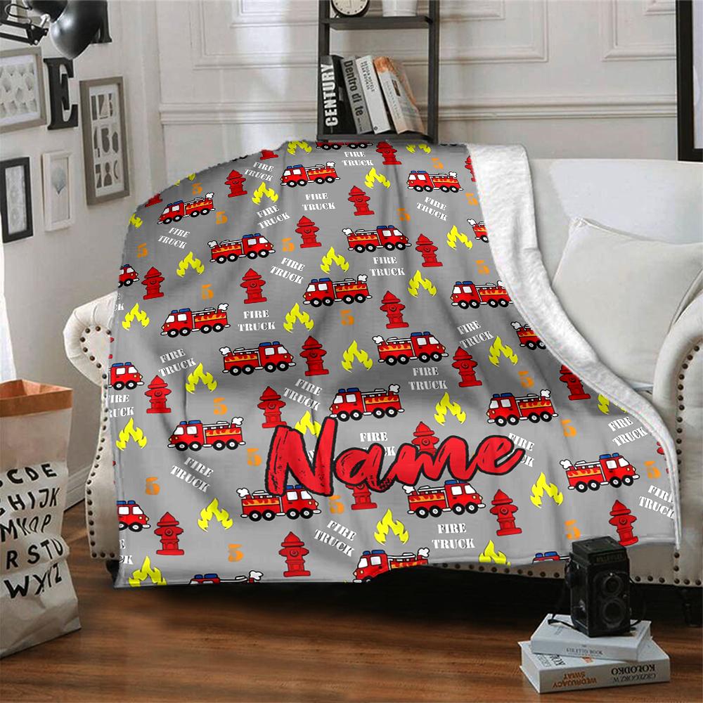 Custom Name fire truck Theme Printed Blanket - Perfect for Couch, Bed, Travel & Outdoor Use | Machine Washable, Cozy & Durable.