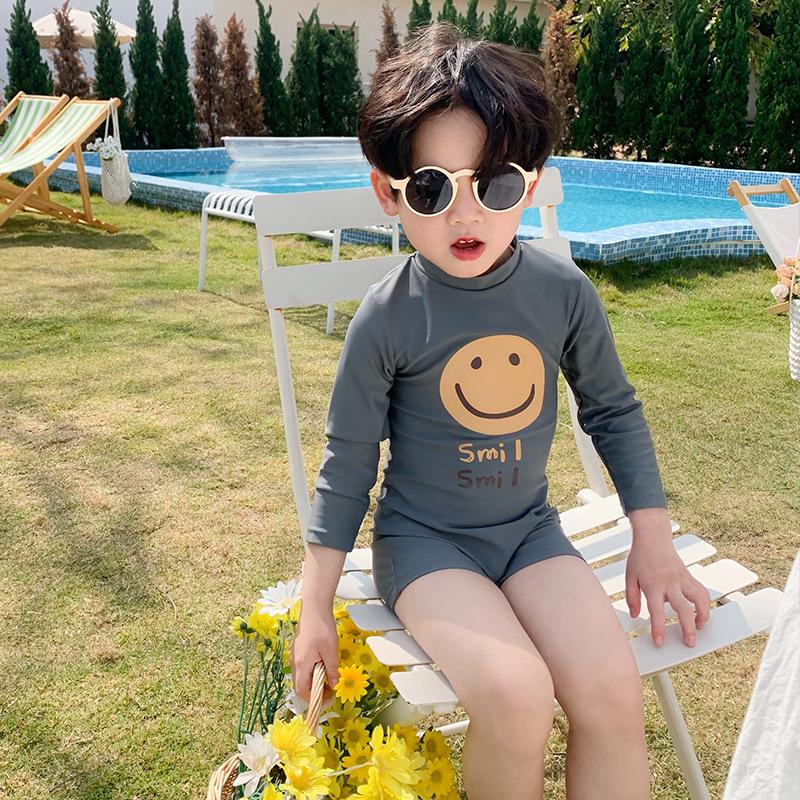2023 New Quick-Drying Toddler Boys' Smiley Face Swimsuit - Size 2-3, One-Piece, Sun Protection & Cute Design