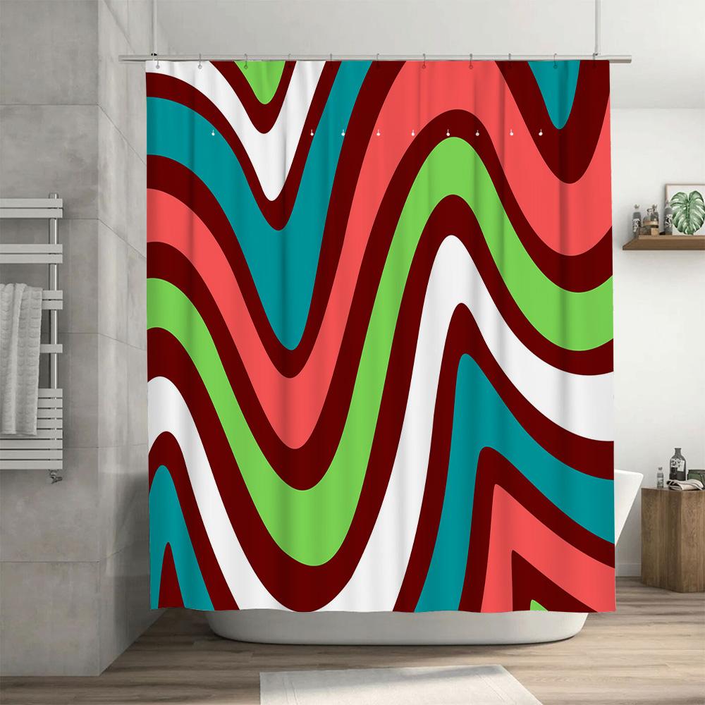 Colorful Wavy Shower Curtain For Modern Bath Decor: Green Red Blue White Stripes Waterproof Fabric Shutter Curtains