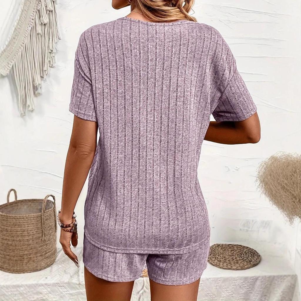 2025 Summer European & American Style V-Neck T-Shirt and Shorts Pajama Set for Women