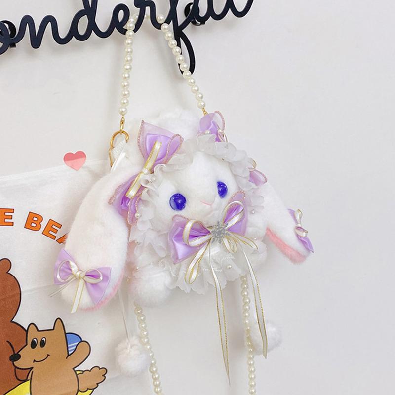 New Cute Bunny Plush Bag Lolita Element Shoulder Bag Kawaii Princess Sweet Pearl Chain Crossbody Bags Long-Eared Rabbit Purse