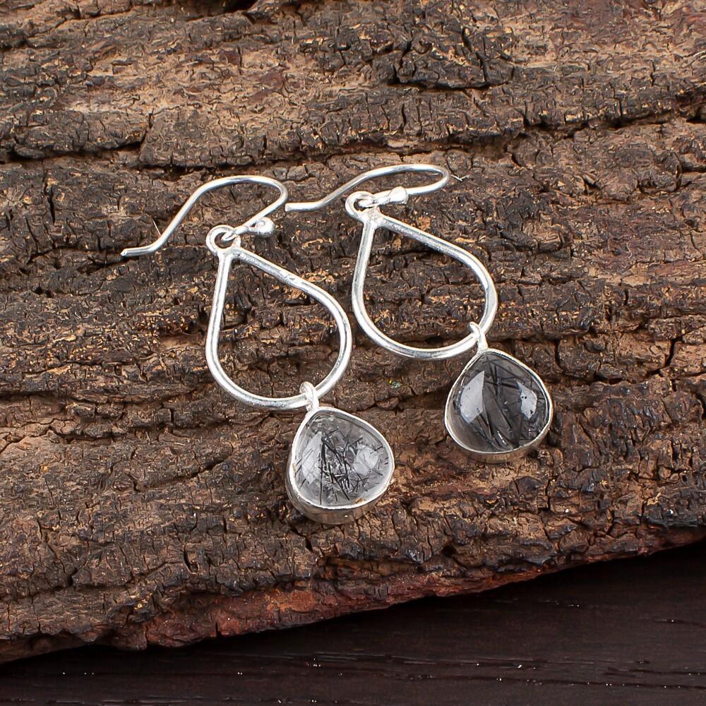 Black Rutile Gemstone 925 Sterling Silver Jewelry Handmade Stylish Earrings1.90" EE-19-24