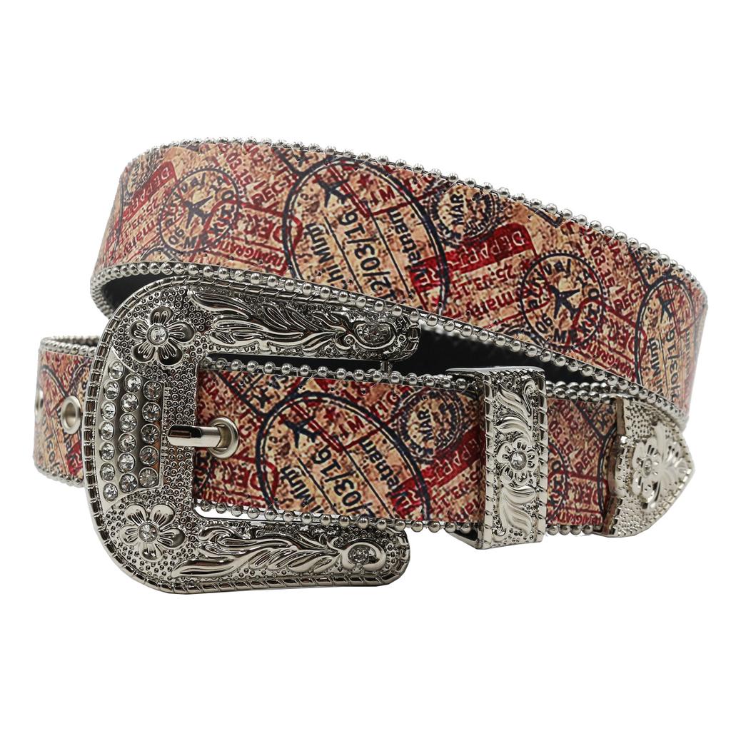 Curea originală pictată cu strasuri imprimate, curea personalizată din piele PU la modă Y2K