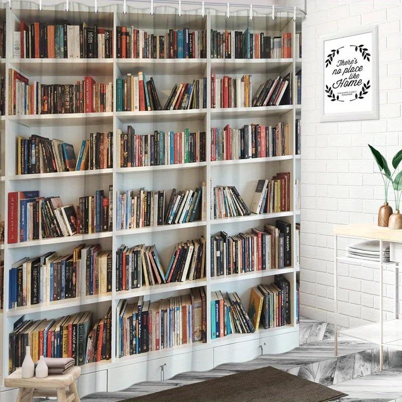 1pc Stylish Bookshelf Shower Curtain - Minimalist Library Design, Vibrant Spines, Polyester, 12 Hooks, Washable