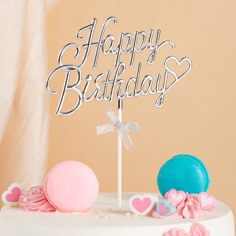 1Pcs Happy Birthday Cake Topper Plastic 3D Double Sided Happy Birthday Sign for Cake with Bow, Idea for Cake Decoration Supplies
