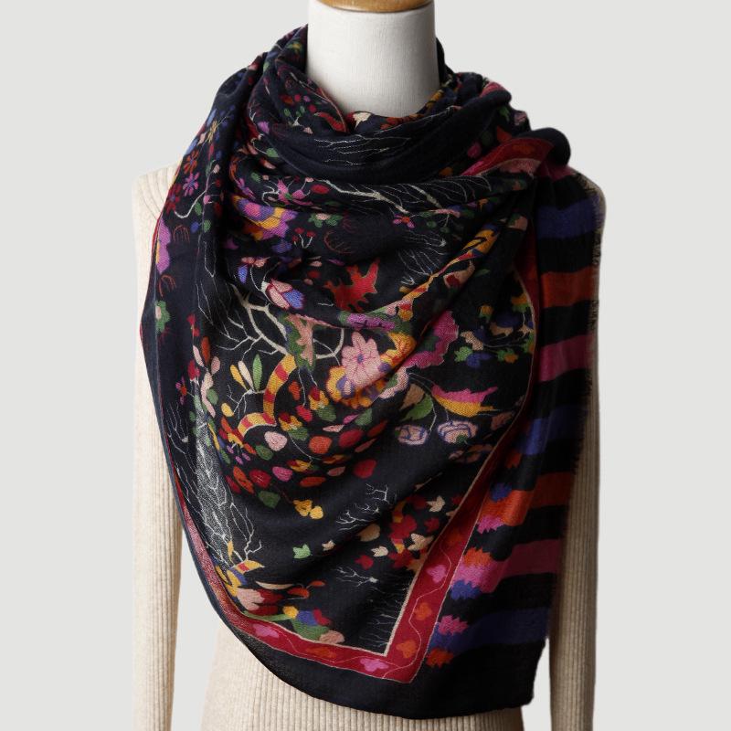 Striped Floral Cashmere Scarf Shawl: Multi-Purpose