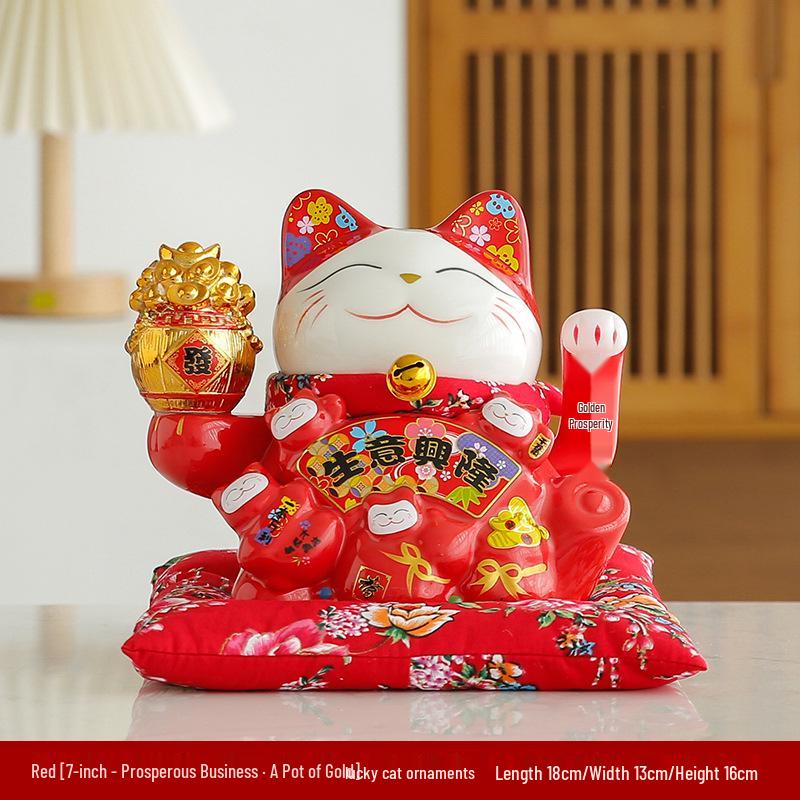 Electric Waving Lucky Cat Ceramic Ornament for Home, Living Room, Shop, or Cashier Desk.