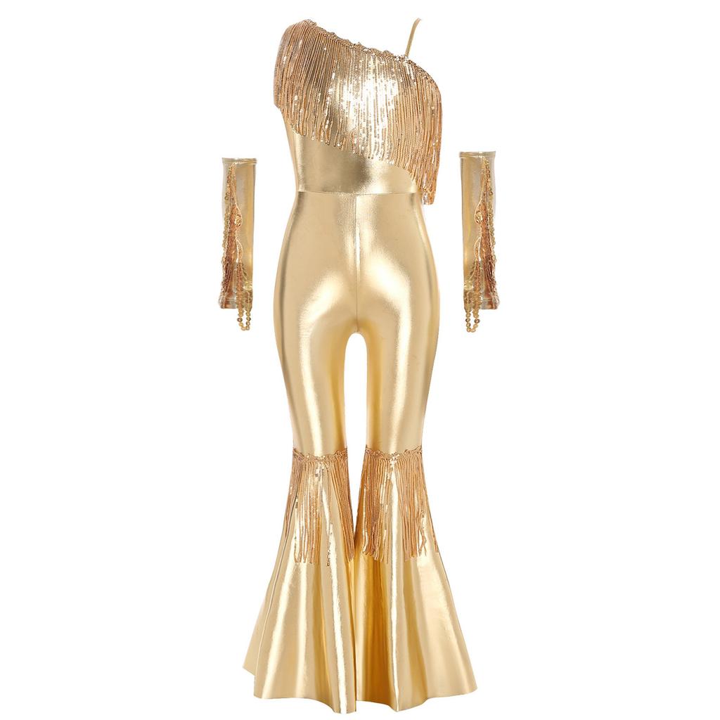 Girls Sequined One Shoulder Jumpsuit Sleeveless Disco Dance Costume High Waist Flared Design Tassel Details Gloves Included
