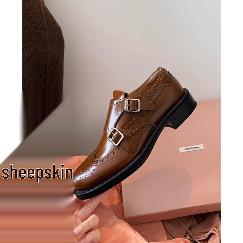 Women's Retro British-Style Genuine Leather Brogue Loafers with Round Toe and Chunky Heel for Autumn/Winter