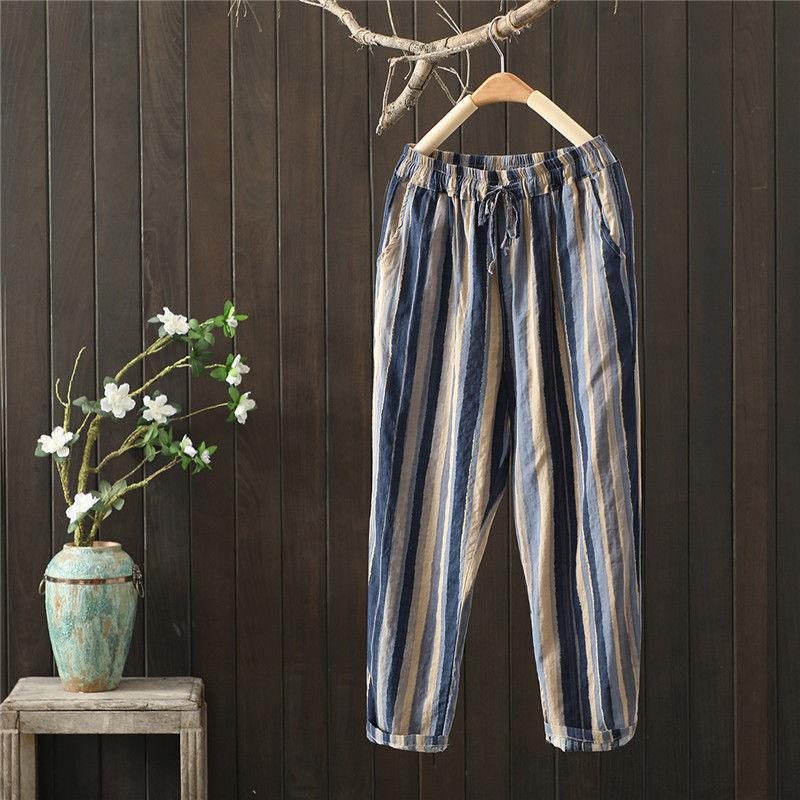 Women's Loose Casual Stripe Pants Thin Cotton Linen Harlan Summer Vintage Trousers