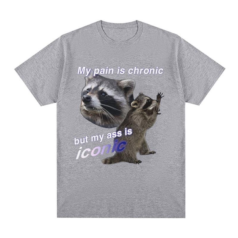 Funny My Pain Is Chronic But My Ass Is Iconic Raccon Meme T-shirt Men Cotton Short Sleeve T Shirts Fashion Casual Vintage Tees