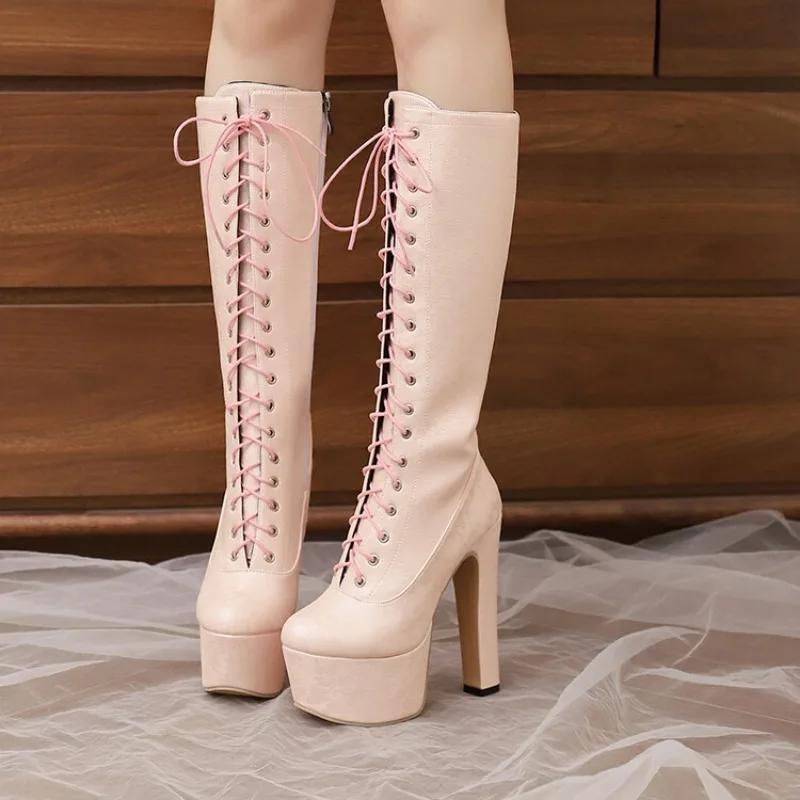 Móda Nové Potištěné Křížové Pásky Černé Bílé Kozačky nad Koleno Evropské Americké Dámské Vodotěsné Platformové Kozačky na Vysokém Podpatku 15cm 47