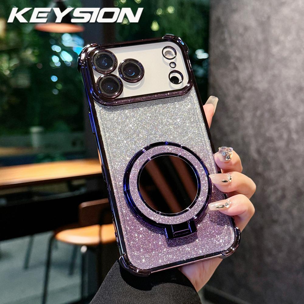 KEYSION Gradient Glitter Magnetic Phone Case for MagSafe for iPhone 17 Pro Max 17 Air Makeup Mirror Ring Stand Shockproof Cover
