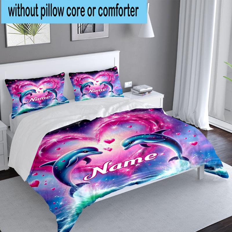 Custom Name 3PCS Love Dolphins Heart Bedding Set Including 1pc Duvet Cover And 2pcs Pillowcases for Bedroom, Dormitory Gift Home Decor