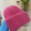 Warm Angora Rabbit Fur Hat for Women Soft Thick Female Winter Knitted Caps Fashion Wide Cuffed Plain Russia Ski Brand Beanie