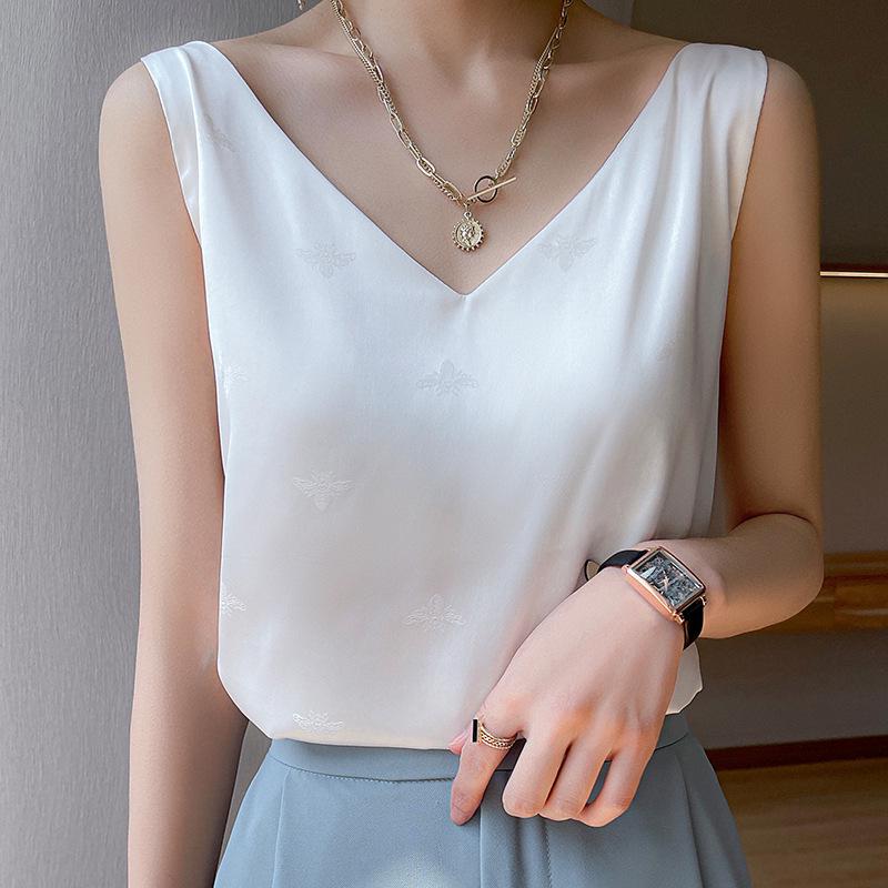 2023 Summer Women's V-Neck Silk Satin Camisole with Draped Silhouette