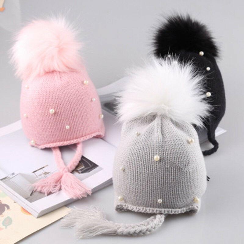 Winter Warm Newborn Infant Kids Hats Baby Girls Hats Hair Ball Earbud Pearl Crochet Hats Boys Warm Knit Caps For Girls Hats
