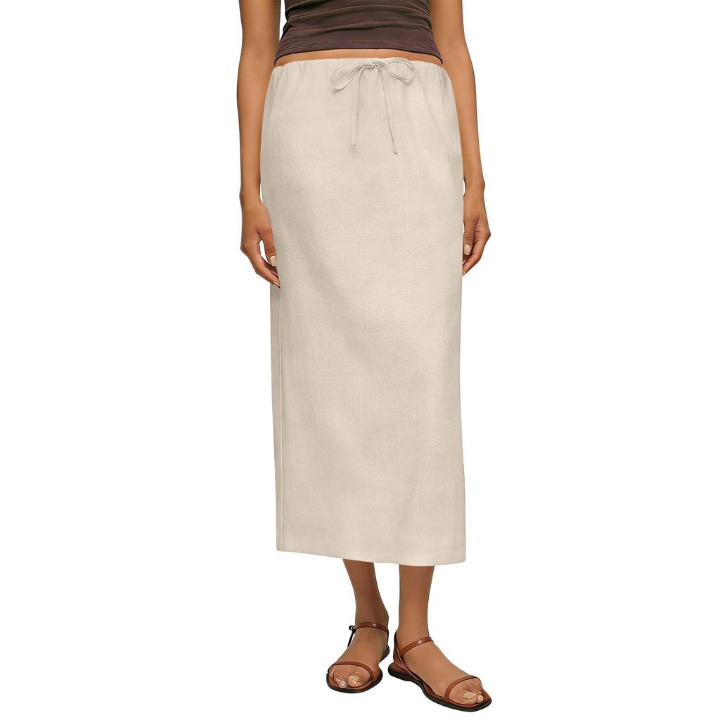 Women Casual Cotton Linen Midi Skirt with Side Slit Drawstring Waistband Simple Solid Style Suitable for Daily Wear
