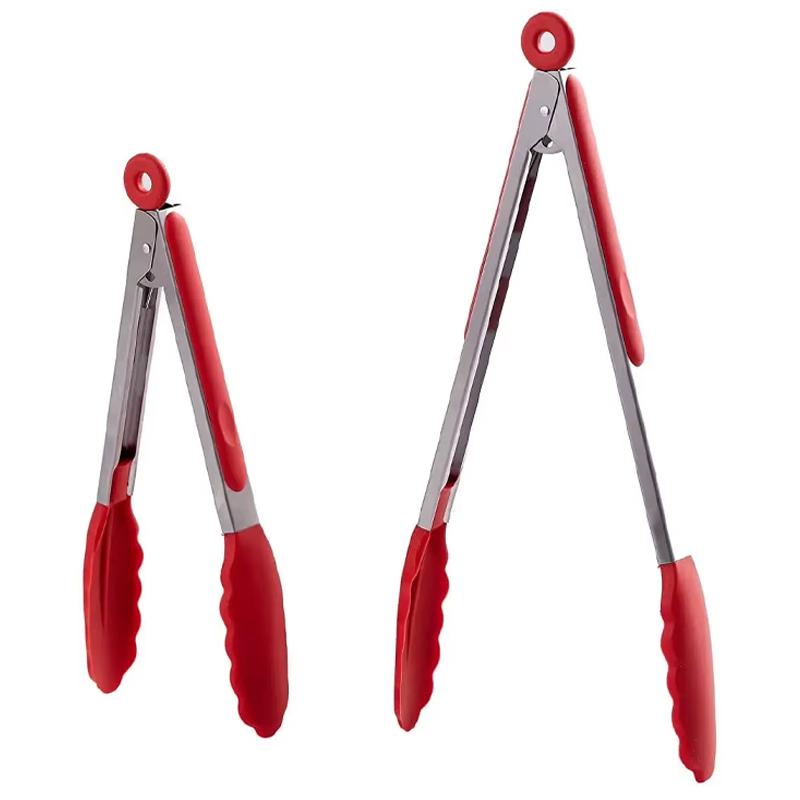 2Pcs Silicone Kitchen Tongs BBQ Clip Stainless Steel Handle Salad Bread Food Serving Tongs Non-Stick Barbecue Grilling Lock Tong