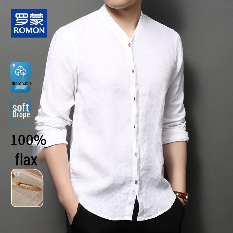 ROMON Men's Chinese Style 100% Linen Long Sleeve Stand Collar Shirt