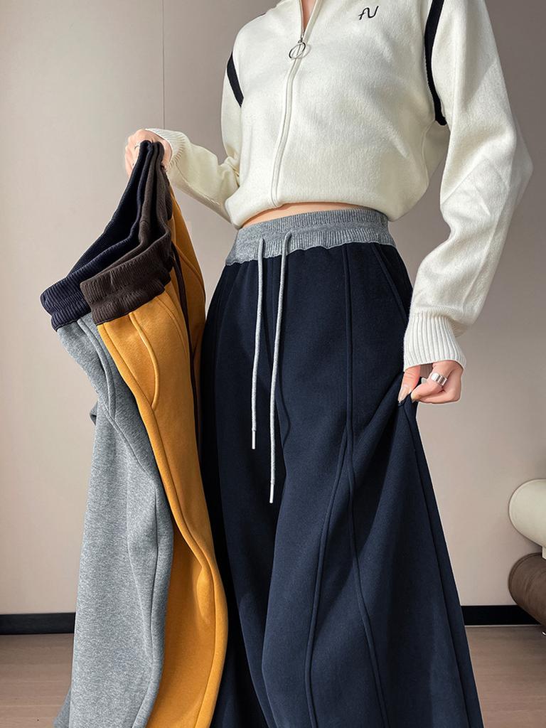 Autumn Winter New Style Fleece Thick High Waist Knife Leg Pants Women Wide Leg Casual Pants