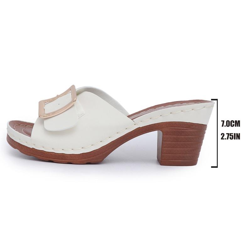 Plus Size Women Slippers 2025 Summer New FashionMetal Buckle Soft Leather Platform Shoes Ladies Chunky Heels Designer Sandals