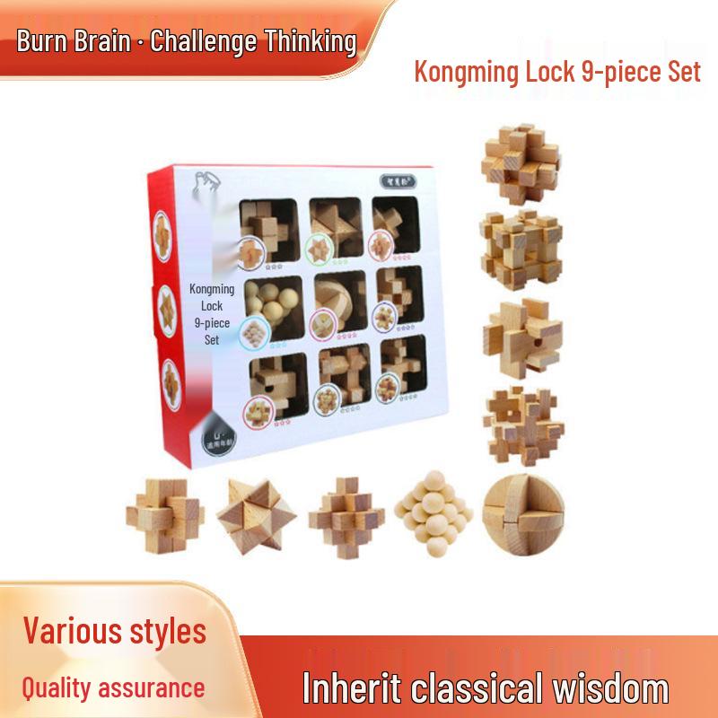 Mini Beechwood Kongming Lock & Luban Nine Ring Puzzle Set - Educational Brain Teaser for Kids & Students