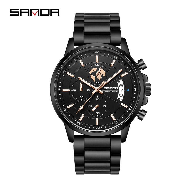 Sanda Men's Luminous Waterproof Quartz Watch with Three Subdials, Six Hands, and Calendar