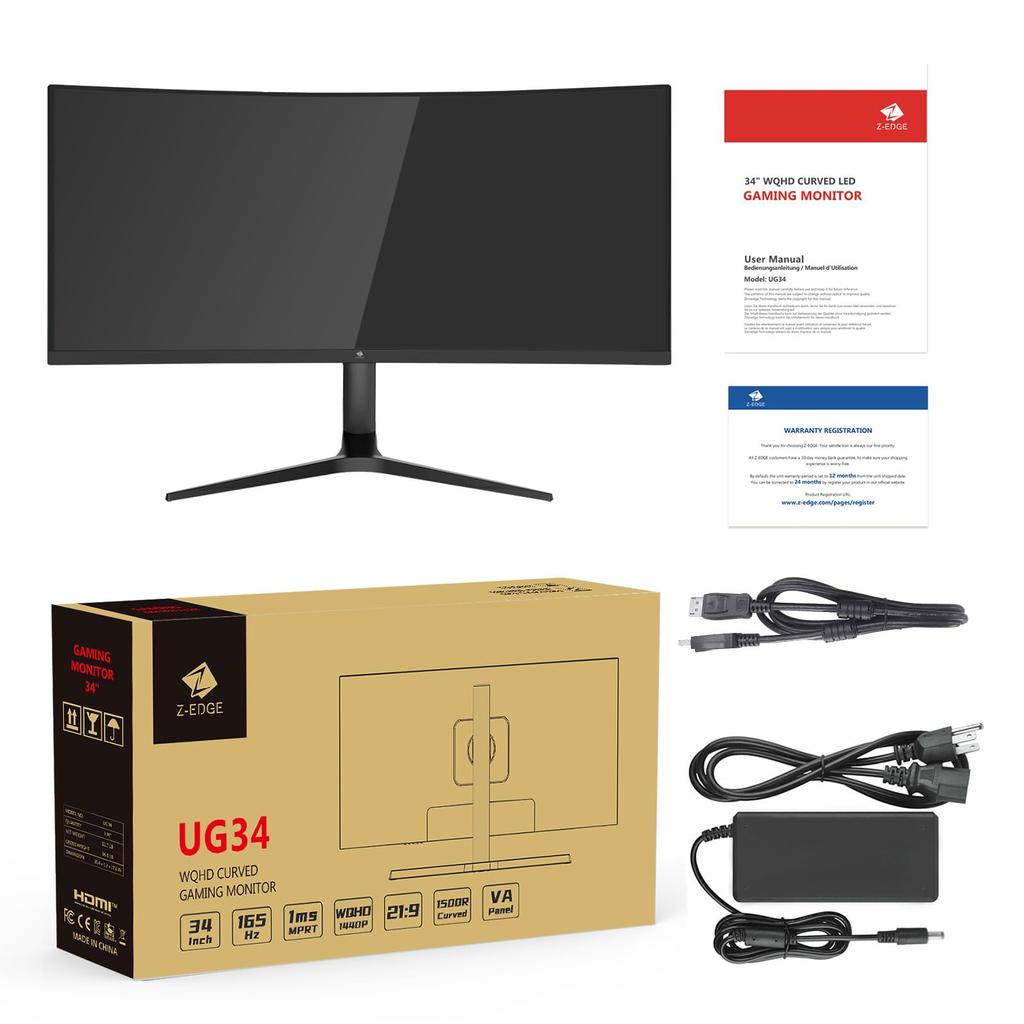 Z Z-Edge Curved Gaming Monitor 165Hz Ultra Wide Monitor 34 Inch Display Curved LED WQHD 21:9 3440x1440Height AdjustmentAnti-GlossVA Panel1500RHDR