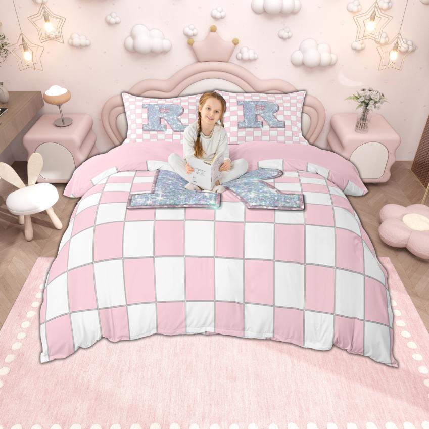 Homewish Monogrammed Duvet Cover Set for Kids, Pink Buffalo Plaid Bedding Set, Pink Reversible Quilt Cover Set
