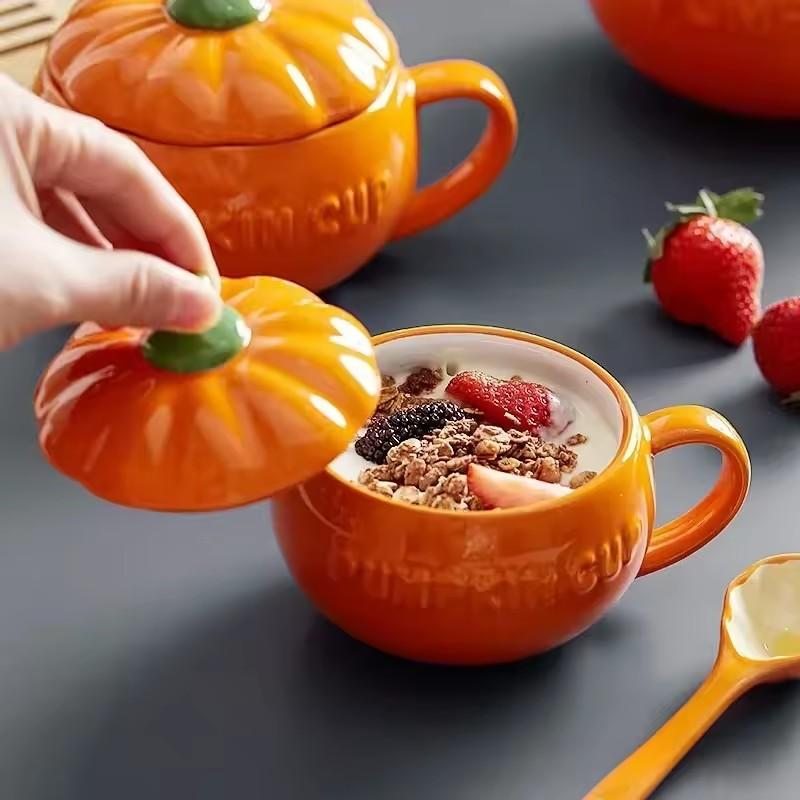 Pumpkin Cup Creative Personality Trend Water Cup Ceramic With Lid Spoon Breakfast Oatmeal Mug High Appearance Level Lovely Girl