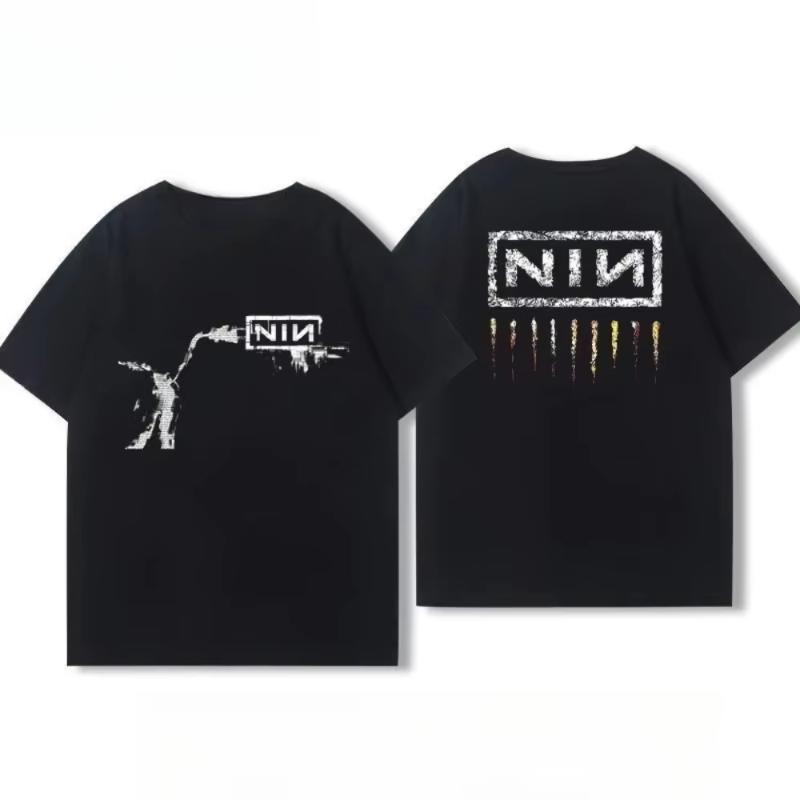 2025 Men s and Women s Summer Cotton Coat Nine Inch Nails Nine Inch Nails Surrounding Rock Band Printed Short Sleeve T-shirt S