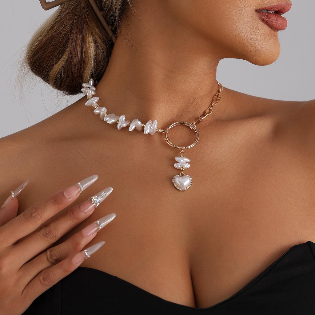 Double cone imitation pearl ring love pendant necklace ins personalized retro splicing style necklace