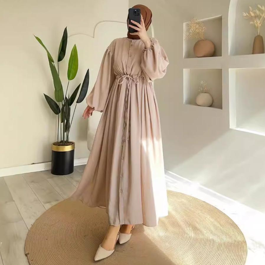 Vestido Largo de Otoño para Mujer Estilo Hepburn Corte A con Cinturón y Cuello Redondo