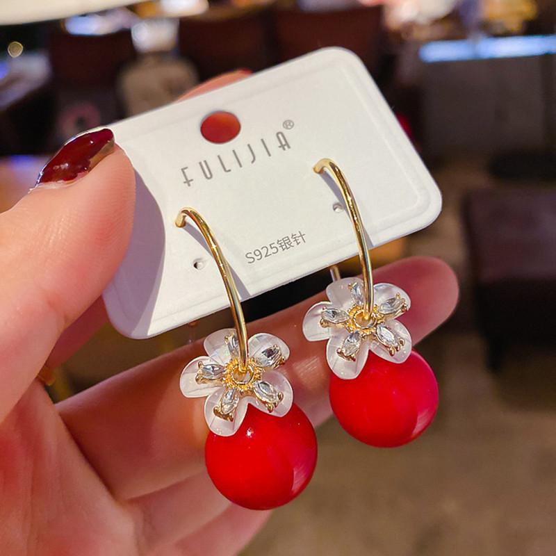 2022 Pendientes de Aro Colgantes Redondos Elegantes y Brillantes de Moda Coreana Zircón Blanco Rojo Champán Círculo Colgante de Cuentas de Bola Regalo para Mujer