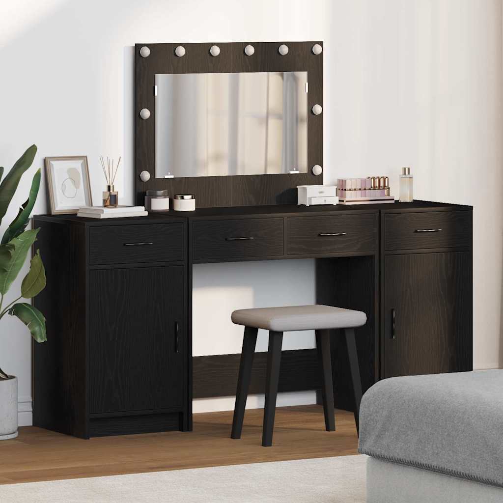 Makeup Table with Mirror Lighting (3 pcs) Black Particleboard