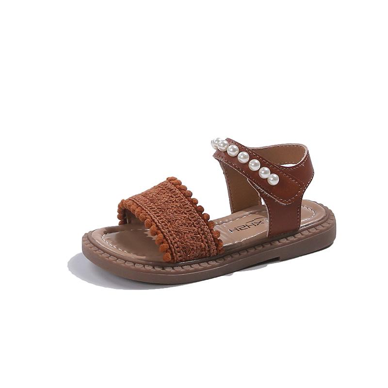 

Girls Sandals 2-12 Years Old Beige Open Toe Pearl Flat Girls Single Shoes Summer New Brown Children s Fashion Sandals Kids Shoes 23