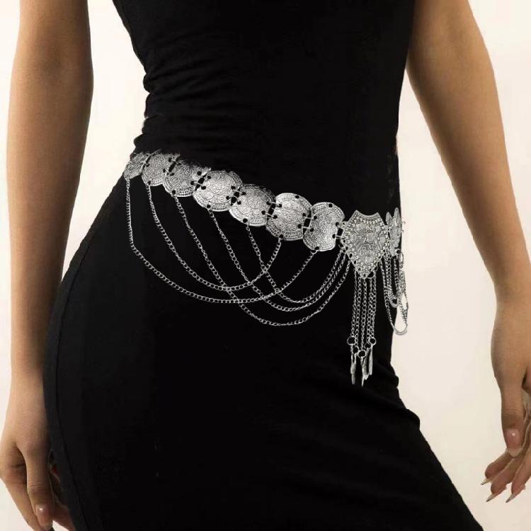 Fringed Coins Chain Belt for Women Hollowed Waist Chain Ethnic Decorative Dress Belt Party Waist Decors Body Jewelry