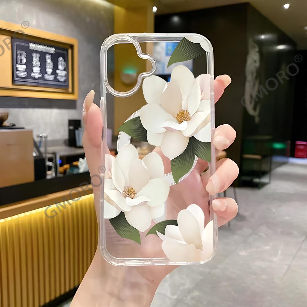 Amazon hot-selling white flower mobile phone case Apple 17pm transparent magnetic case iPhone12 hard case protective case