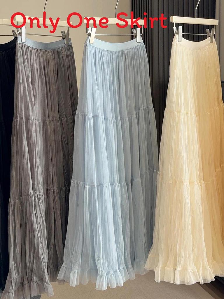 Pure Color Mesh Panel Long Skirt With Pleats For Casual Womens Fashion