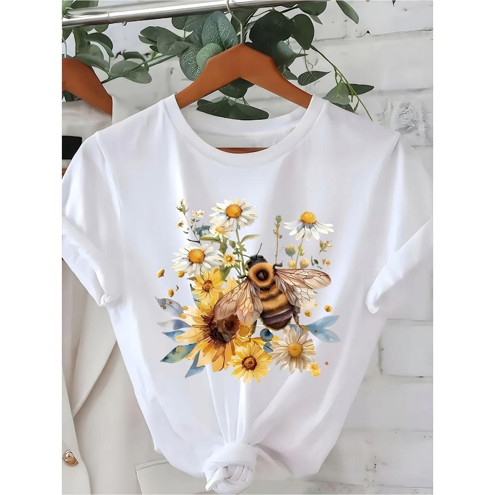 

Women S Casual Bee Flower Print Round Neck Breathable White with Bright Yellow and Blue Accents Aesthetic Clothes S