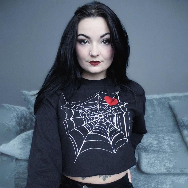 Gothic Halloween Cobweb Print Black T Shirt O Neck Long Sleeve Sexy Cropped Tops Punk Loose Autumn T-shirt