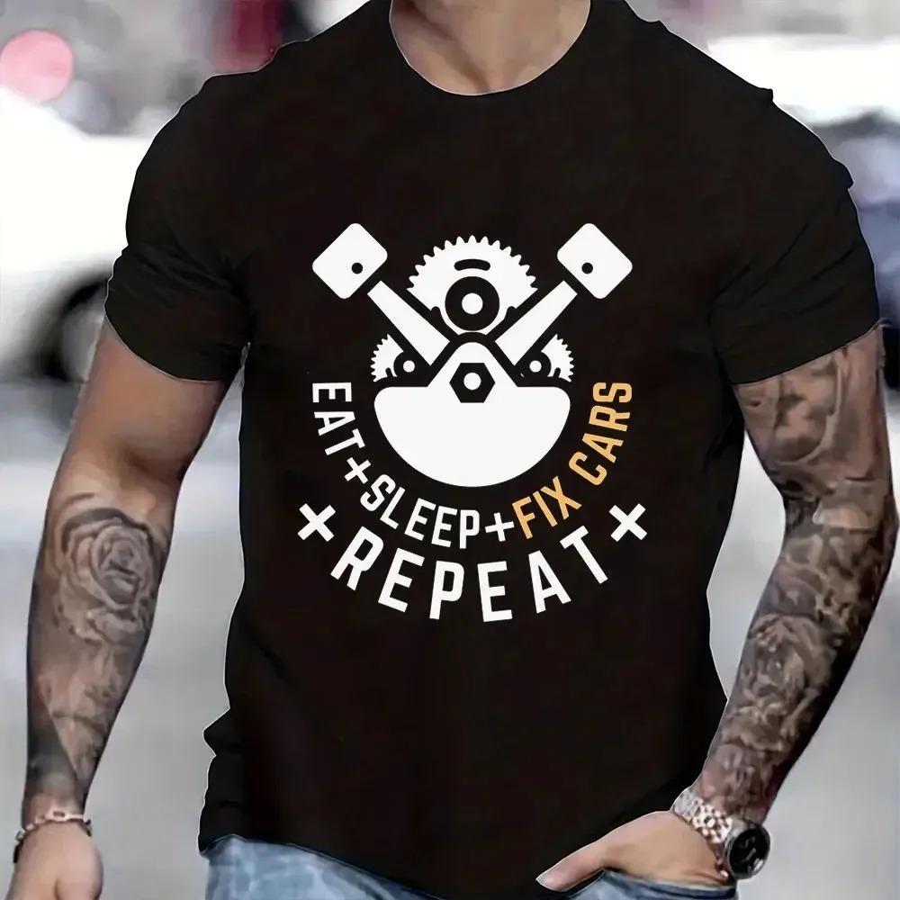 New Trendy Men T-shirt Eat Sleep Fix Cars Repeat Engine Funny Men Oversized T-shirts Tops Black Brand Tee Summer Fashion Shirt