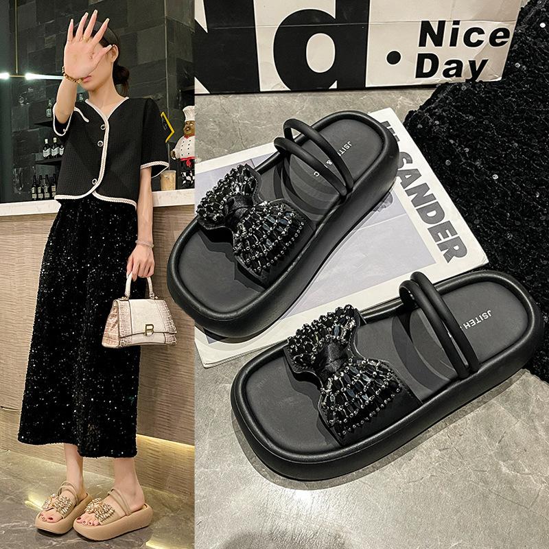Thick Bottom Step On Shit Wear Summer Bow 2025 New Slippers Rhinestone Feeling Female Outer Drag with Skirt Non-slip Sandals